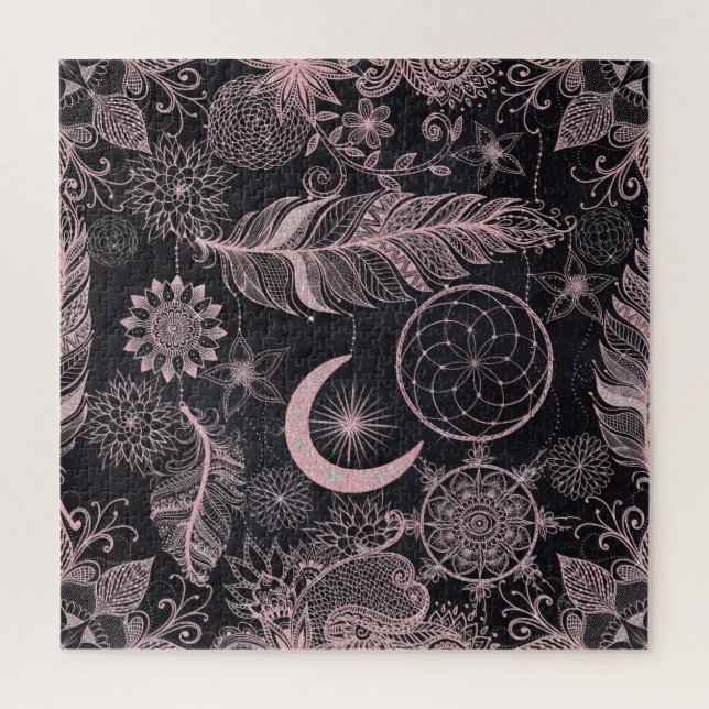 Puzzle Dreamcatcher Feathers Mandala, Rosa Purpurina de O (Vertical)