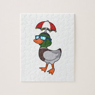 Puzzle Duck en la lluvia con paraguas. PNG