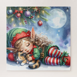 Puzzle Duende de Navidad durmiendo con gatito calicó