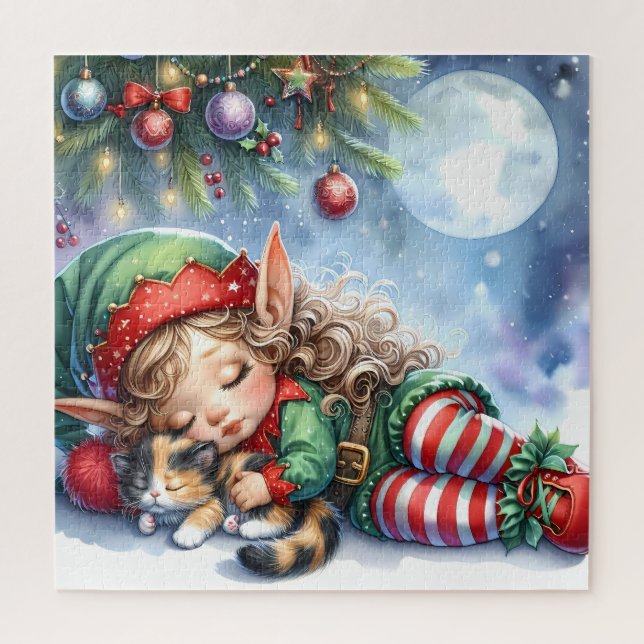 Puzzle Duende de Navidad durmiendo con gatito calicó (Vertical)