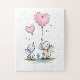 Puzzle Dulce Pareja de Elefantes Corazón Globos Rompecabe