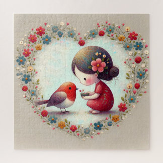 Puzzle Dulce Robin y Corazón Floral de Niña Pequeña