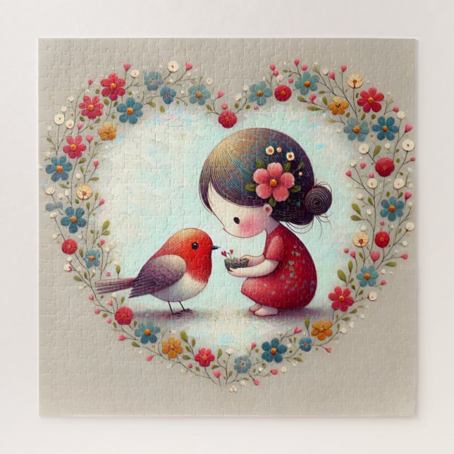Puzzle Dulce Robin y Corazón Floral de Niña Pequeña (Vertical)
