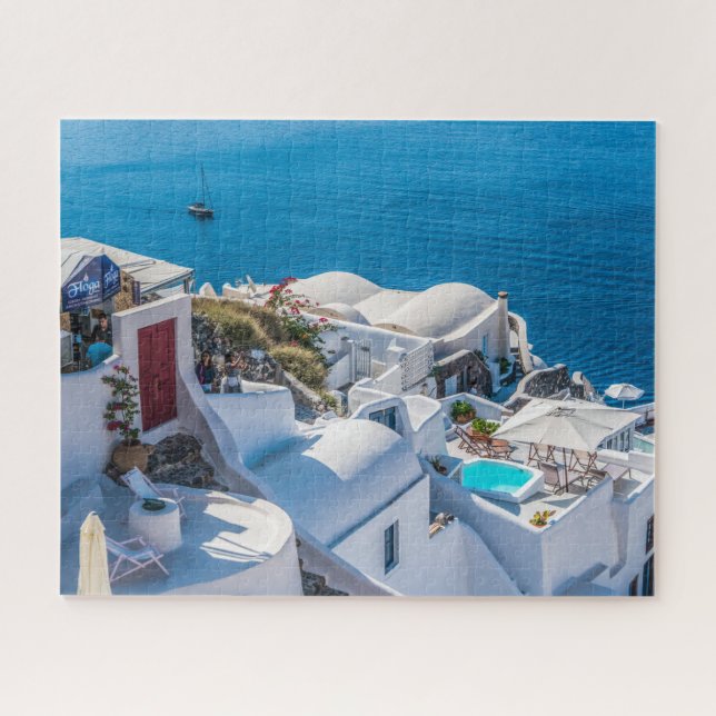 Puzzle Edificios blancos en la ladera de Grecia, Mar Medi (Horizontal)