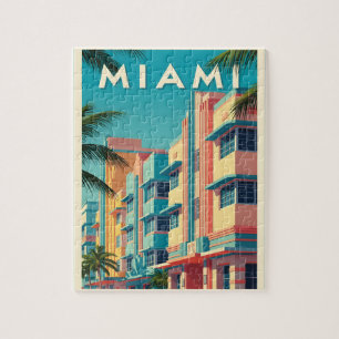 Puzzle Edificios vibrantes de Miami con palmeras