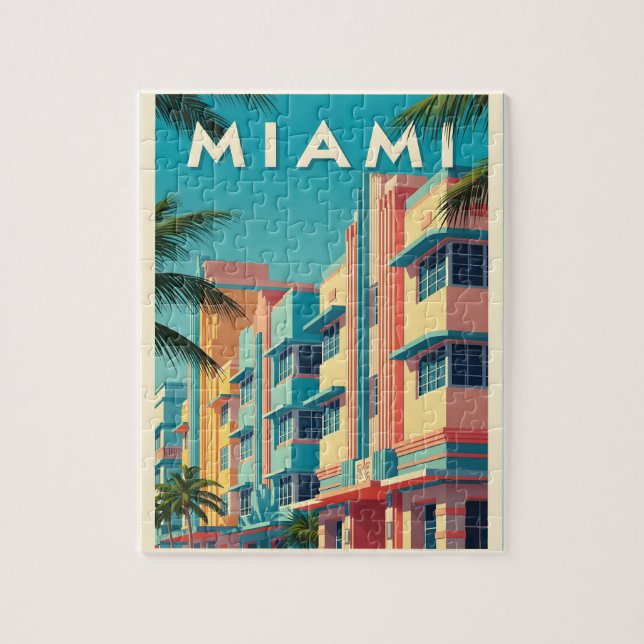 Puzzle Edificios vibrantes de Miami con palmeras (Vertical)