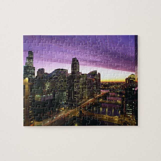 Puzzle EE. UU., IL, Chicago. Horizonte y río de Chicago (Horizontal)