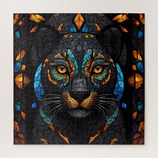 Puzzle Efecto de vidrio manchado de mosaico de gato negro (Vertical)