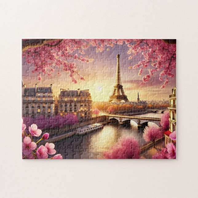 Puzzle Eiffel Tower Paris France Cherry Blossom Romantic (Horizontal)