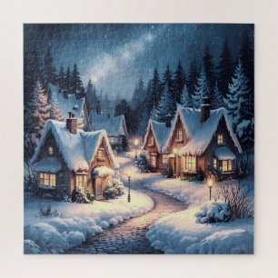 Puzzle El abrazo del invierno: una aldea nevada de noche