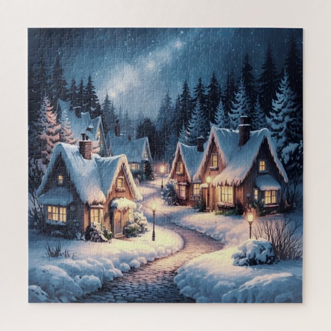 Puzzle El abrazo del invierno: una aldea nevada de noche (Vertical)