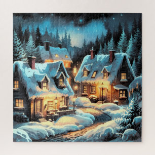 Puzzle El abrazo del invierno: una aldea nevada de noche