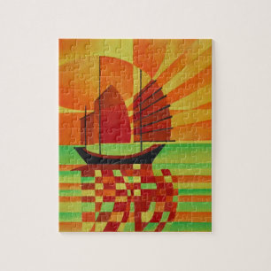 Puzzle El barco basura en el mar de Green Cubist Abstract