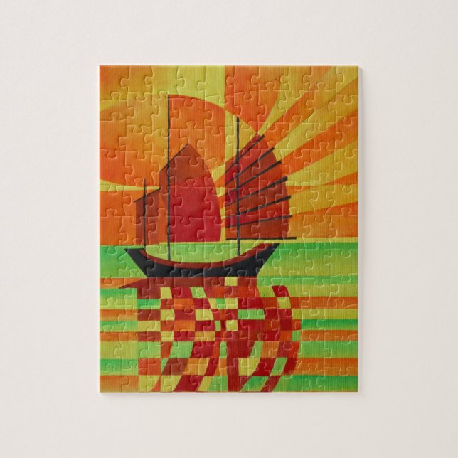 Puzzle El barco basura en el mar de Green Cubist Abstract (Vertical)