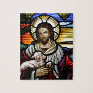 Puzzle El Buen Pastor; Jesús en vidrio emplomado