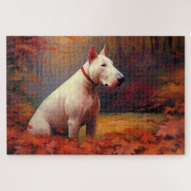 Puzzle El 'Bull Terrier' en otoño se inspira en las hojas (Horizontal)
