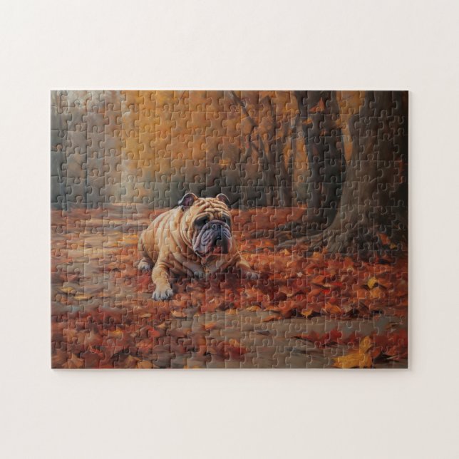 Puzzle El bulldog en otoño se inspira en las hojas (Horizontal)