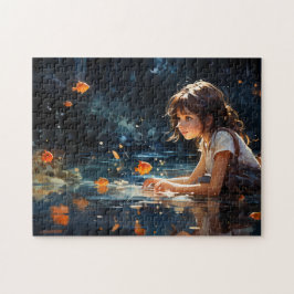 Puzzle El Chica y el estanque mágico del pez dorado