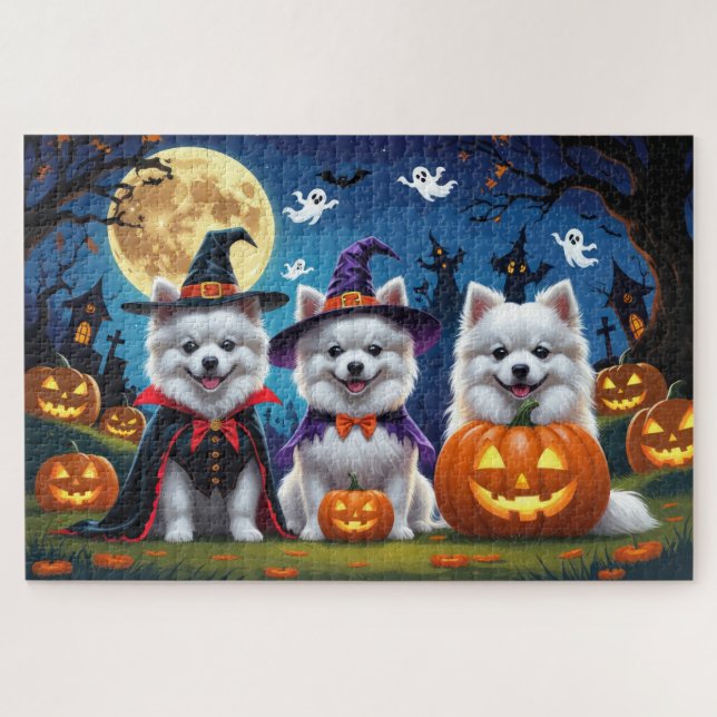 Puzzle El esquimal americano Dogs Calabaza Halloween Funn (Horizontal)