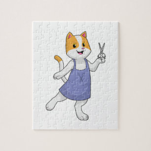Puzzle El gato como estilista del pelo con tijeras