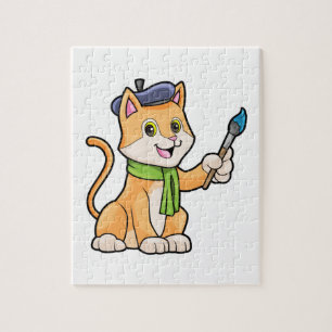 Puzzle El gato como pintador con pincel y bufanda