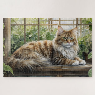 Puzzle El gato de Maine Coon en un acogedor jardín interi