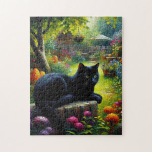 Puzzle El gato negro tumbado en la pintura del jardín de