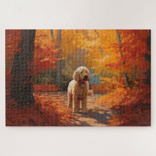 Puzzle El Goldendoodle en otoño se inspira en las hojas (Horizontal)