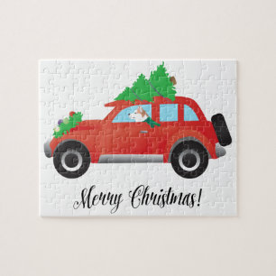 Puzzle El Husky Siberiano Rojo en el coche de los Navidad