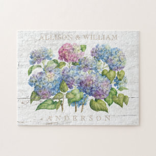 Puzzle El Hydrangea azul de madera rústico junta con
