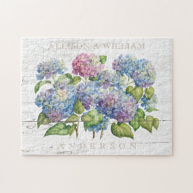 Puzzle El Hydrangea azul de madera rústico junta con (Horizontal)
