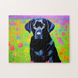 Puzzle El labrador negro sentado en un campo de flores