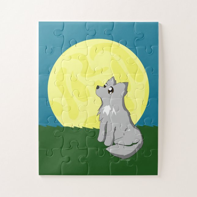 Puzzle El lobo desaliñado lindo con la luna embroma (Vertical)