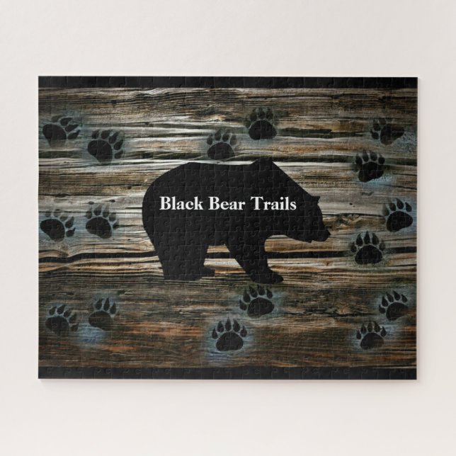 Puzzle El oso negro traza madera rústica (Horizontal)