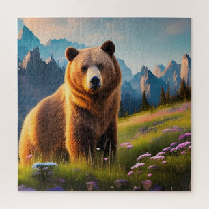 Puzzle El oso pardo en las montañas con flores
