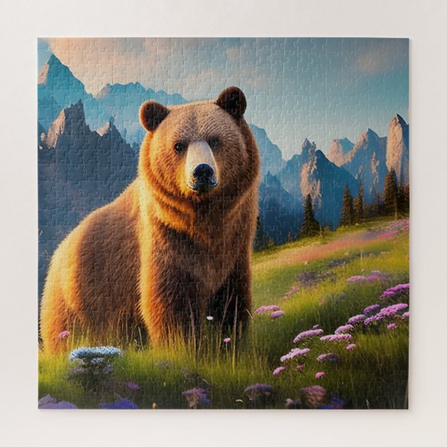 Puzzle El oso pardo en las montañas con flores (Vertical)