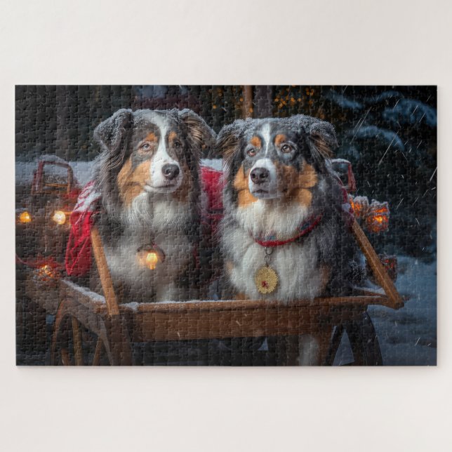 Puzzle El pastor australiano Snowy Sleigh Navidades Decor (Horizontal)