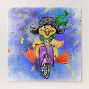 Puzzle El pato amarillo feliz conduce a Scooter púrpura -