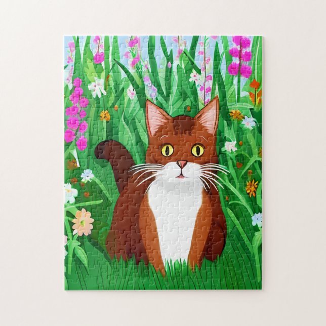 Puzzle El pequeño Ginger Brown Kitty en un campo de flore (Vertical)