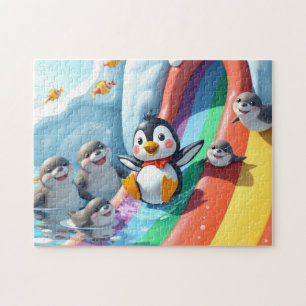 Puzzle El pingüino juega en una diapositiva
