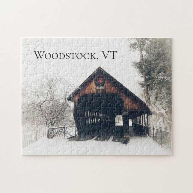 Puzzle El puente cubierto de Woodstock Vermont en Nieve (Horizontal)