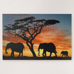 Puzzle El Safari Africano Sunset Elephant Silhouette Art