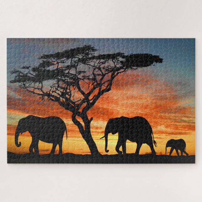 Puzzle El Safari Africano Sunset Elephant Silhouette Art (Horizontal)