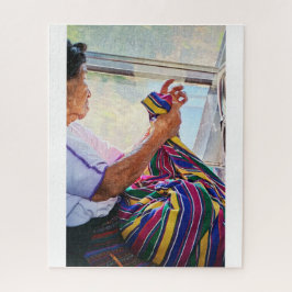 Puzzle Elder Woman Sewing on Bus
