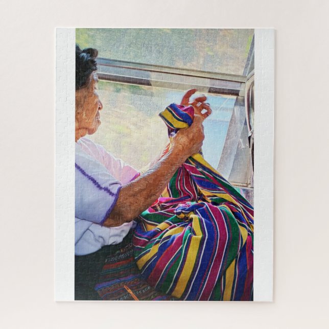 Puzzle Elder Woman Sewing on Bus (Vertical)
