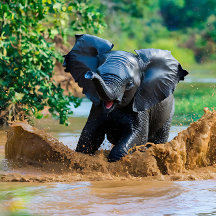 Elefante bebé juega en el barro