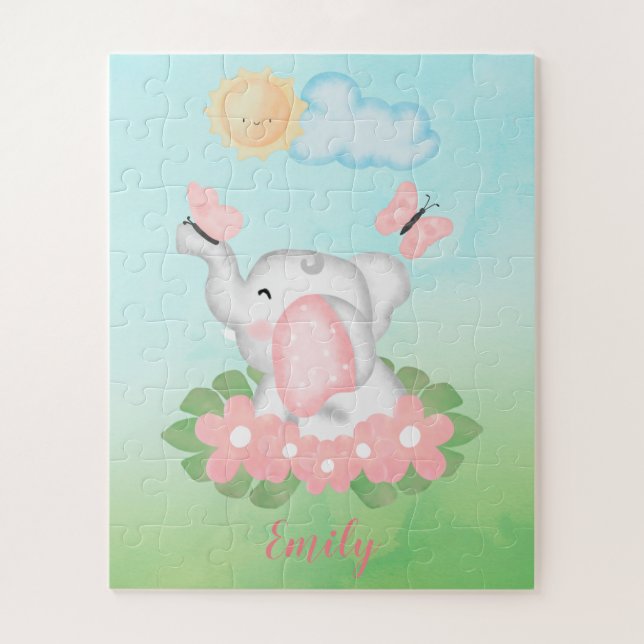 Puzzle Elefante bebé lindo con flores rosas (Vertical)