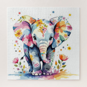 Puzzle Elefante de acuarela floral