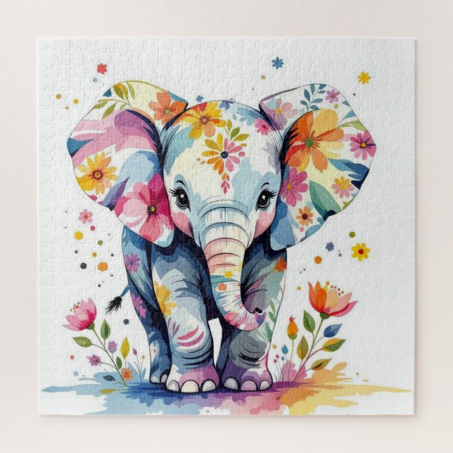 Puzzle Elefante de acuarela floral (Vertical)