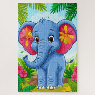 Puzzle Elefante de dibujos animados azul vibrante en selv